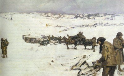 Mametz, Western Front: men, animals and supplies in snow covered valley (oil-on-canvas, 76.2 cm x 127.6 cm, 1919) by Frank Crozier (1883?1948), Australian official war artist.